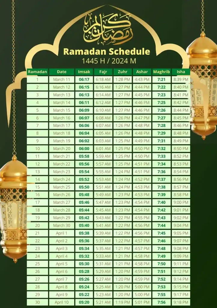 Complete Toronto Ramadan calendar with prayer times